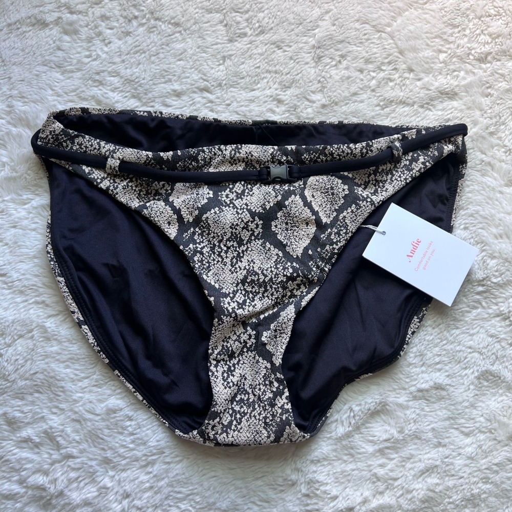 Andie Riviera Bikini Bottom Snakeskin Print Belted Buckle Black Cream AB362 S